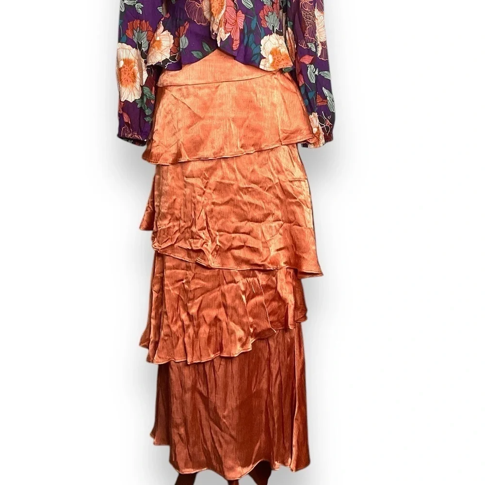 Maeve Copper Satin Flat Waist Asymmetrical layered Maxi Party Skirt Size 0
